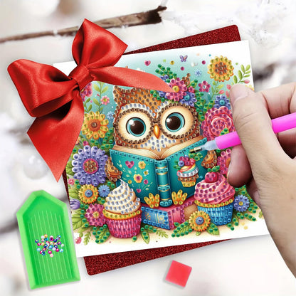 POETRYDRAW 6 Pack 5D DIY Diamond Art Painting Owl Greeting Card Kit, Diamond Birthday Holiday Greeting Card, Art Crafts Kit Creative with Envelope