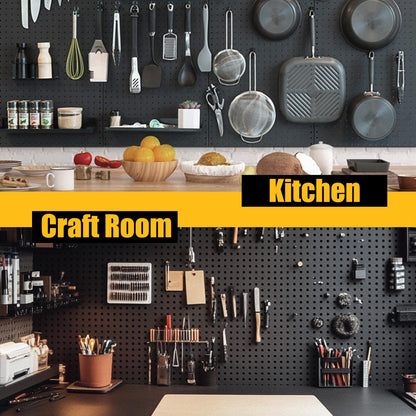 Spampur Peg Board, 4 Pack Metal Pegboard Panels with 50 Hooks, Black Pegboards Wall Organizer, Heavy Duty Peg Board for Walls Home, Garage Tool Storage, Office Organization, Craft Room, Kitchen