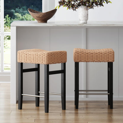 Nathan James Harvey Rattan Bar Stool, Bohemian Counter Height Stool with Woven Seagrass Seat, Solid Wood Legs, and Metal Footrest Seagrass/Brushed Black, Set of 2