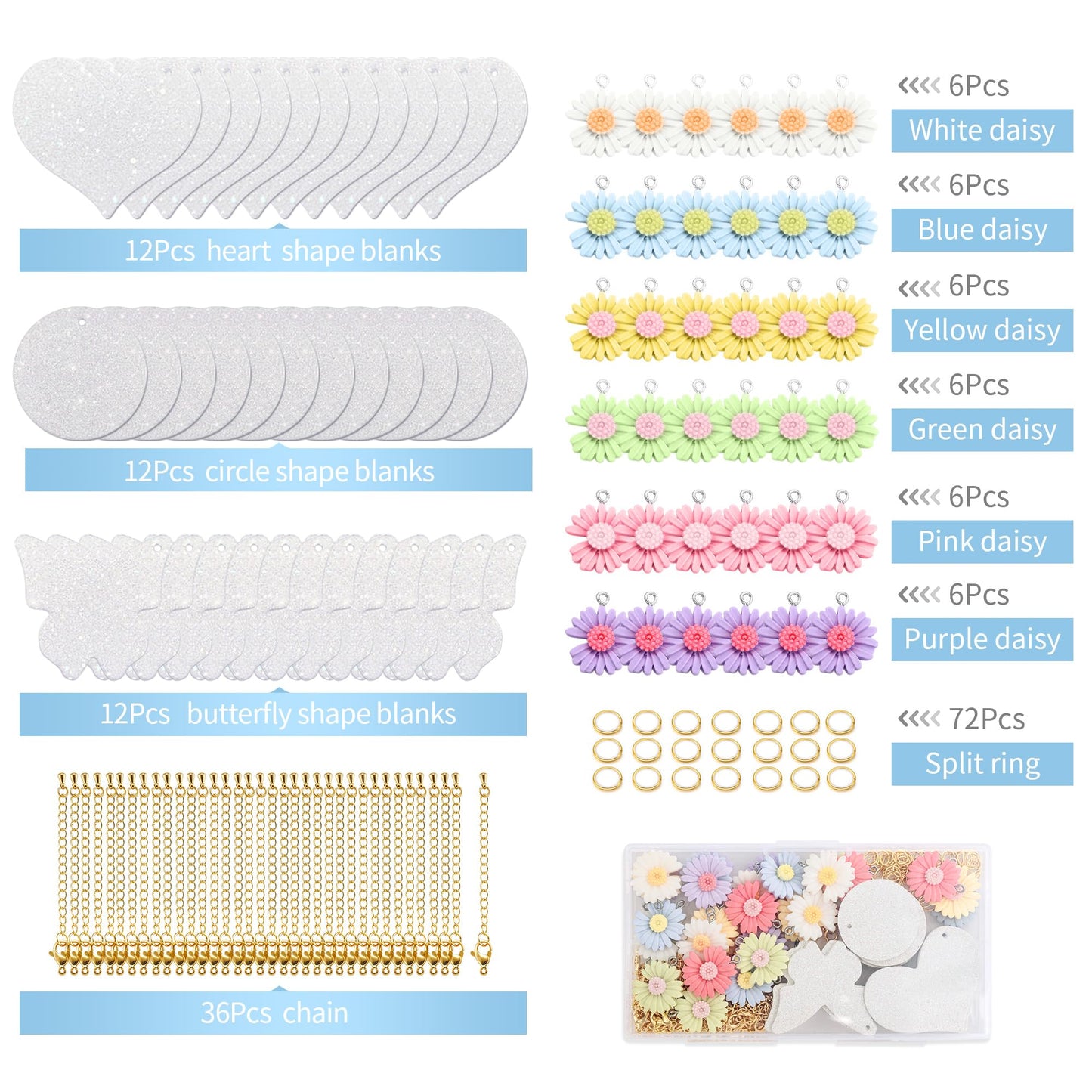 36 Sets Sublimation Blanks for Making Car Cup Charms, Tumbler Cup Accessories for DIY Heat Transfer Craft Gifts, Contains Glitter Blanks Daisy Charms Chains Jump Rings