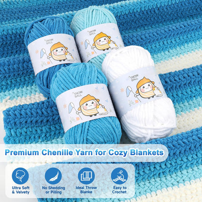 Reessy Crochet Blanket Kit for Beginners Adults – Gradient Blue Ombre Throw Blanket Kit with Soft Chenille Yarn, Hooks & Instructions – Handmade Crochet Starter Set for Adults
