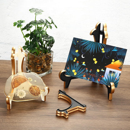 PATIKIL 5" Acrylic Decorative Plate Stand Holder, Foldable Picture Easel Frame for Photos, Card, Canvases, Black Gold