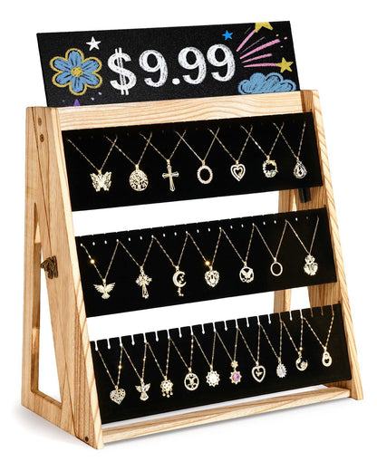 Bulado Necklace Display for Vendors, Foldable Necklace Holder with 66 Slots, 3 Tier Jewelry Display for Selling, Wood Jewelry Storage Organizer Stand with Black Velvet for Craft Show