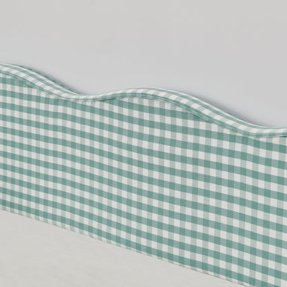 KEIKI Twin Size Upholstered Gingham Daybed with Trundle, Twin to King Design Adorable Wave Shaped Extendable Sofa Bed, Easy Assembly, No Box Spring Required, for Living Room & Bedroom, Cyan