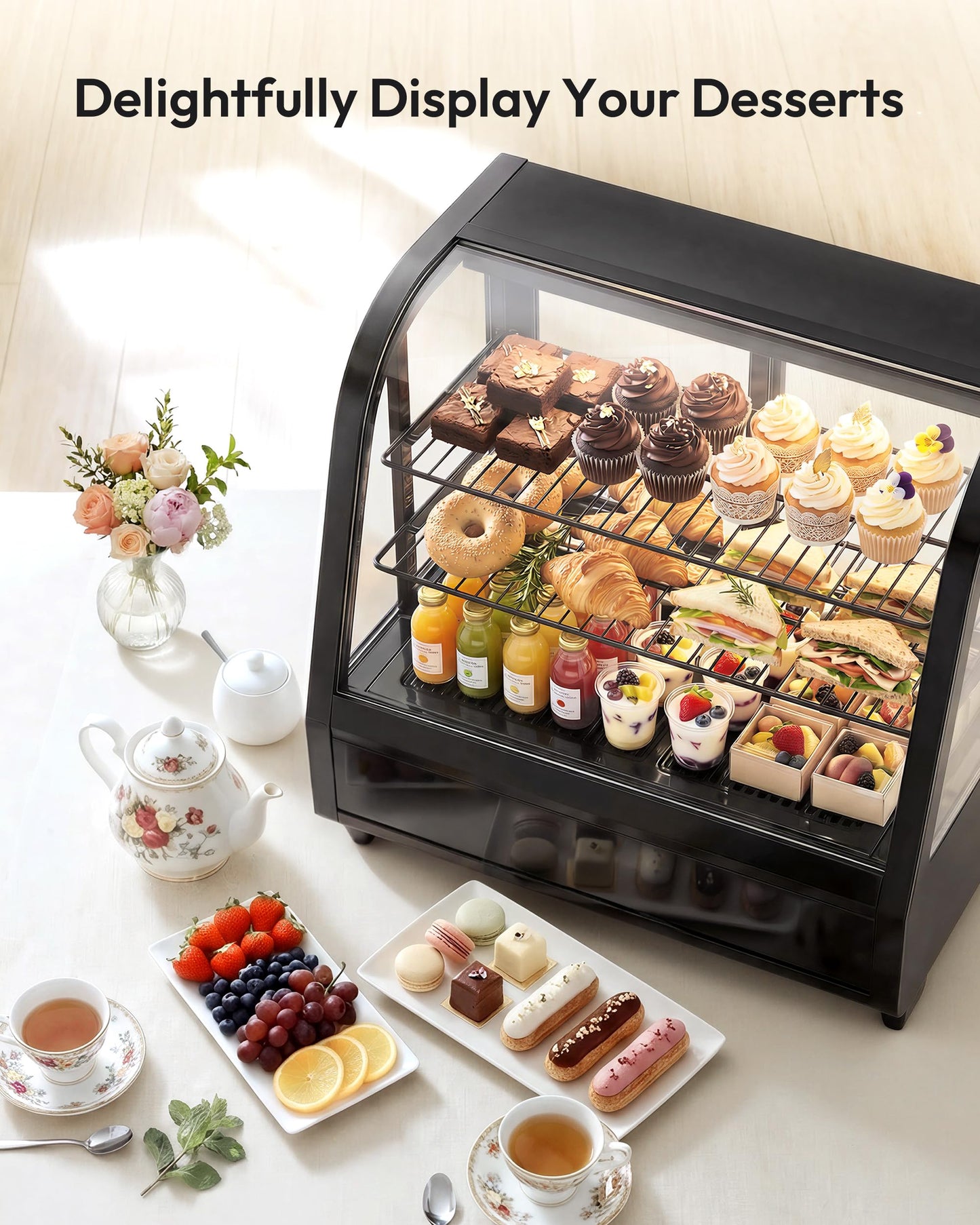 ICEVIVAL Certified Commercial Refrigerator, 3.6 Cu.Ft Countertop Refrigerator Refrigerated Display Case with Curved Glass & Auto Defrost, Freestanding Bakery Display Case for Cafe & Restaurant