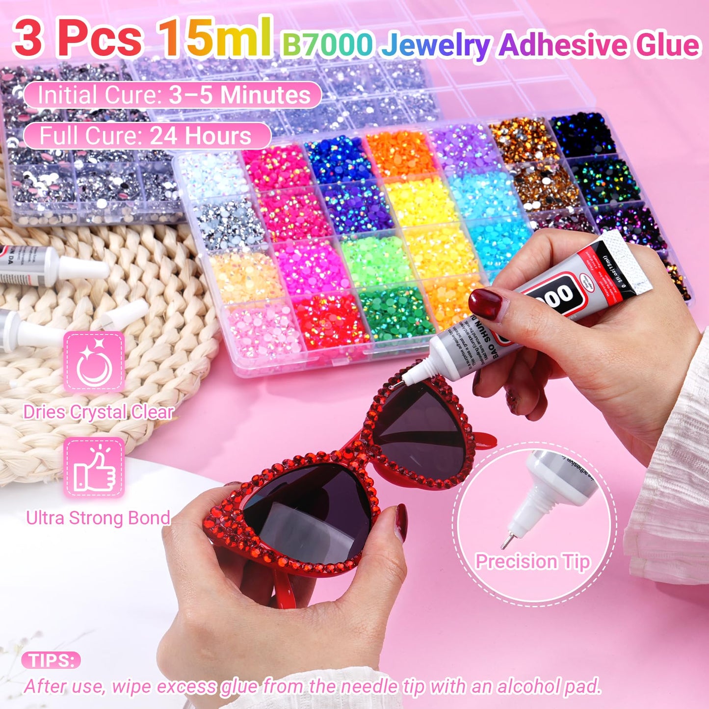 61000Pcs Jelly Rhinestones for Bedazzling, 2 Boxes Multicolor 3mm & Silver Clear 2/3/4/5/6mm Resin Flatback Gems for Crafting, Bedazzler Kit with 3Pcs 15ml B7000 Jewelry Glue for Crafts Clothes Book