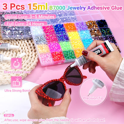 61000Pcs Jelly Rhinestones for Bedazzling, 2 Boxes Multicolor 3mm & Silver Clear 2/3/4/5/6mm Resin Flatback Gems for Crafting, Bedazzler Kit with 3Pcs 15ml B7000 Jewelry Glue for Crafts Clothes Book