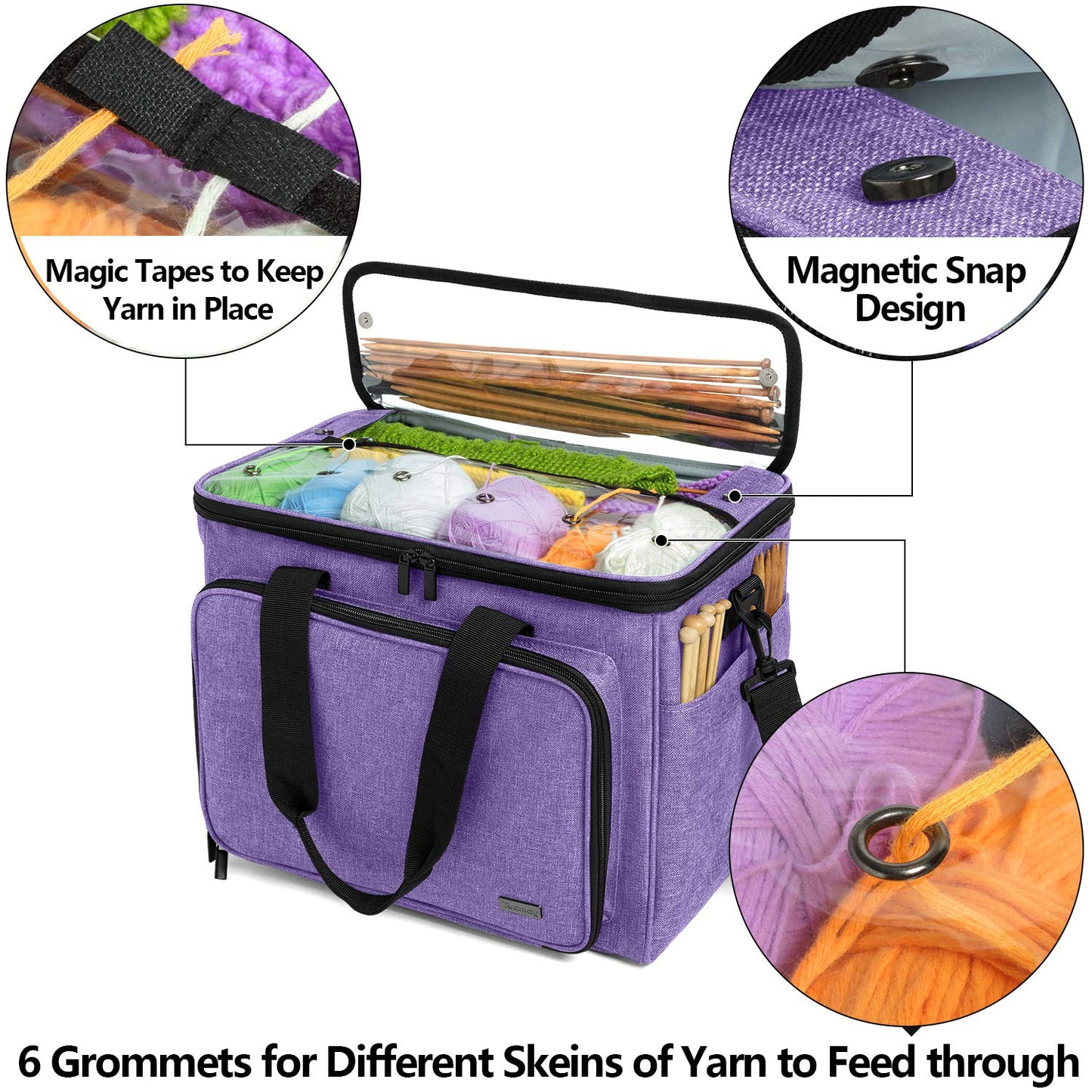 Teamoy Knitting Bag, Yarn Tote Organizer with Inner Divider (Sewn to Bottom) for Crochet Hooks, Knitting Needles(Up to 14"), Project and Supplies, Purple -No Accessories Included