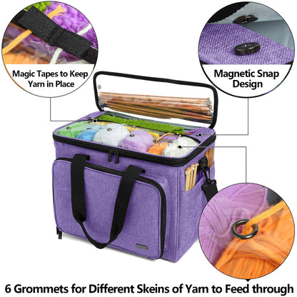 Teamoy Knitting Bag, Yarn Tote Organizer with Inner Divider (Sewn to Bottom) for Crochet Hooks, Knitting Needles(Up to 14"), Project and Supplies, Purple -No Accessories Included