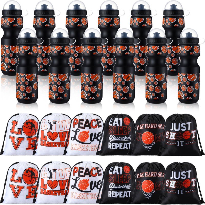 Hosuly 24 Pcs 24 oz Basketball Water Bottle Bulk and Drawstring Bag Set 12 Reusable Plastic Biking Water Bottle Tumbler 12 Sport Gym Goodie Gift Bag for Party Favor (Orange, Black)