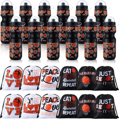 Hosuly 24 Pcs 24 oz Basketball Water Bottle Bulk and Drawstring Bag Set 12 Reusable Plastic Biking Water Bottle Tumbler 12 Sport Gym Goodie Gift Bag for Party Favor (Orange, Black)