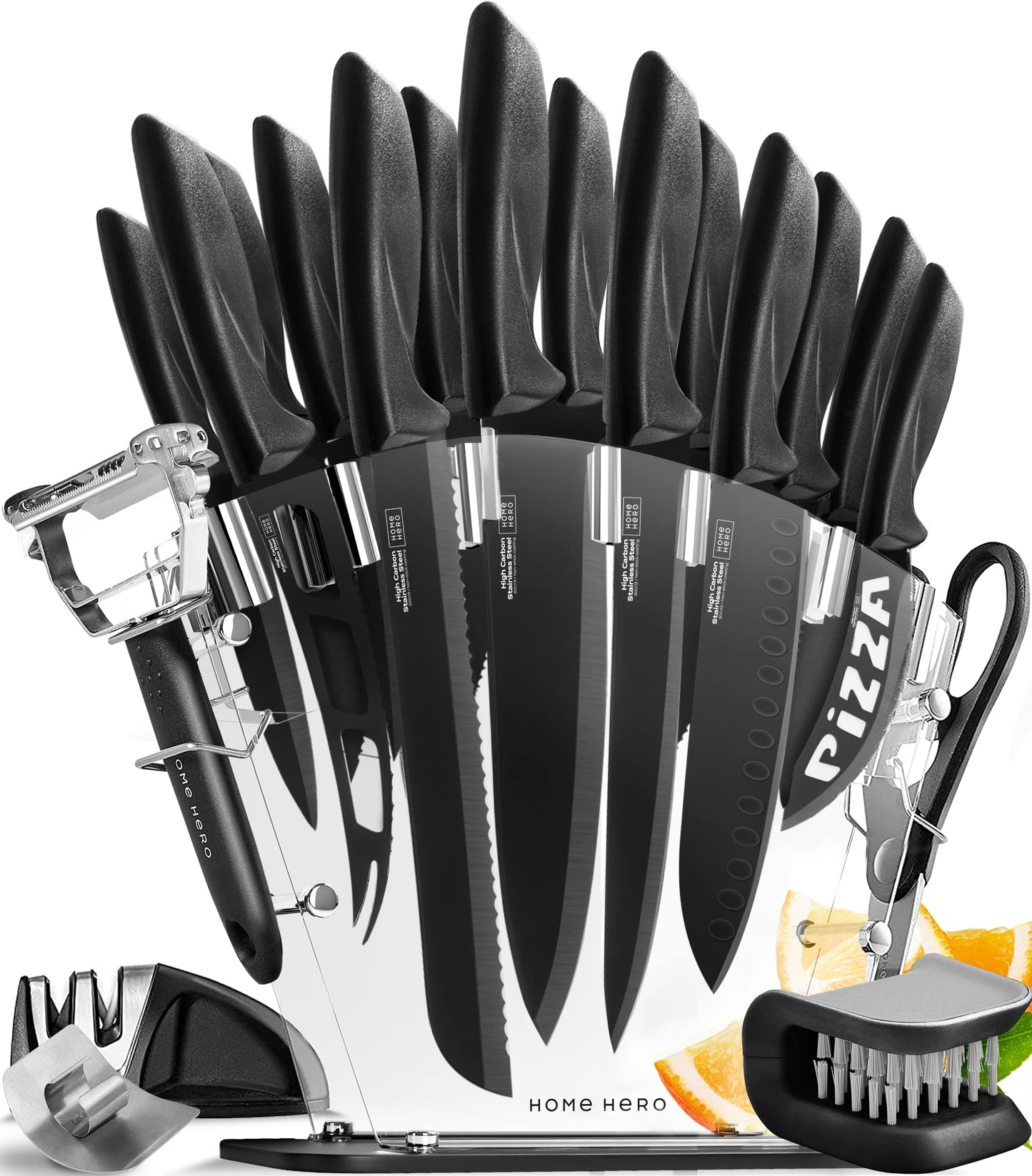 Home Hero Kitchen Knife Set with Sharpener - High Carbon Stainless Steel Knife Block Set with Ergonomic Handles (20 Pcs - Acrylic Black)