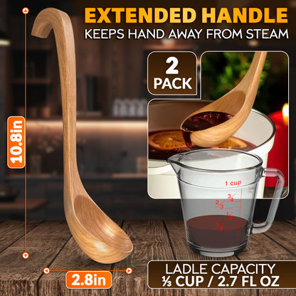 2 Pcs Wooden Ladle for Soup – 10.8×2.8" Bamboo Soup Ladle for Stews and Sauces with Deep 2.7 fl oz Capacity & Lacquer-Coated Finish – Wooden Cooking Spoons with Hook Handles for Kitchen & Catering