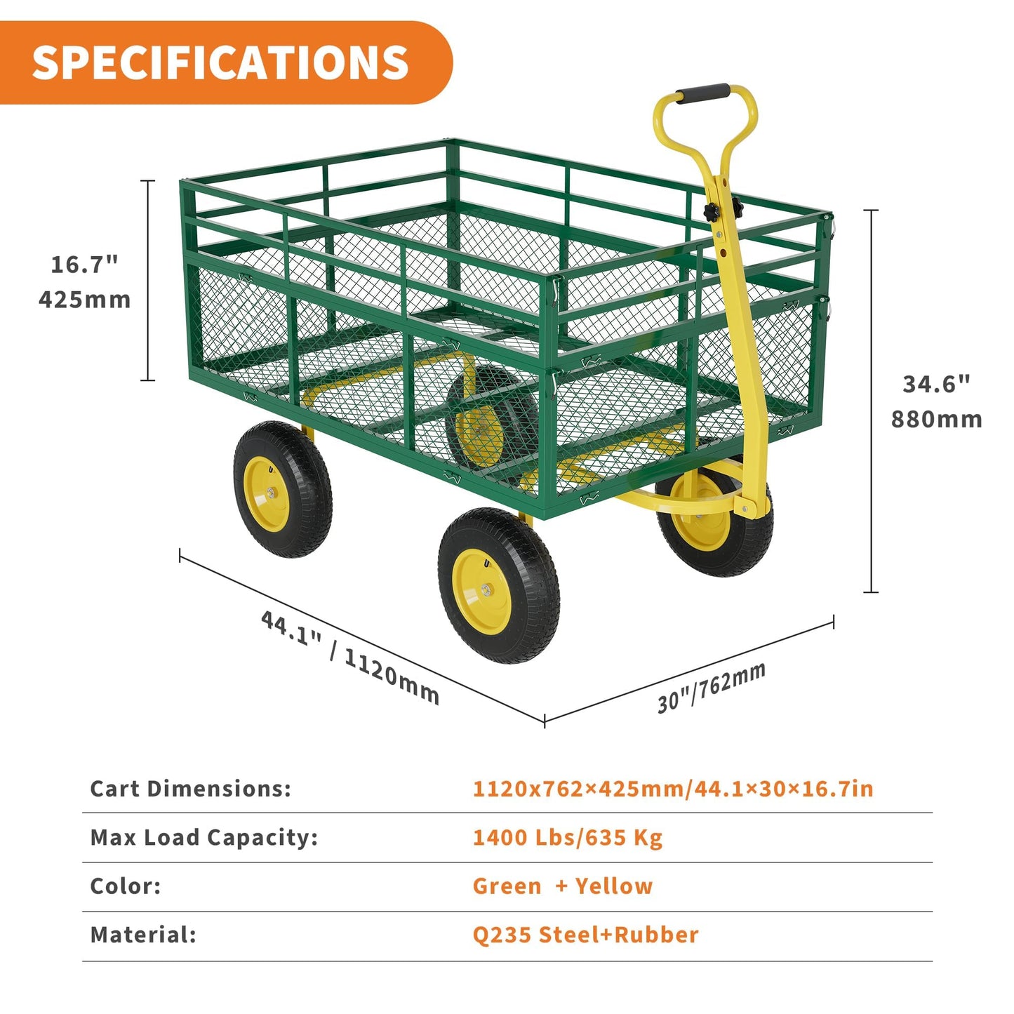 1400 Lbs Load Capacity Garden Cart, Metal Multi-Function Heavy-Duty Steel Garden Wagon, 3-in-1 Cart with 13 Inch All-Terrain Tires and Removable Mesh Side Panels, 180° Rotating Handle, Outdoor Gardens