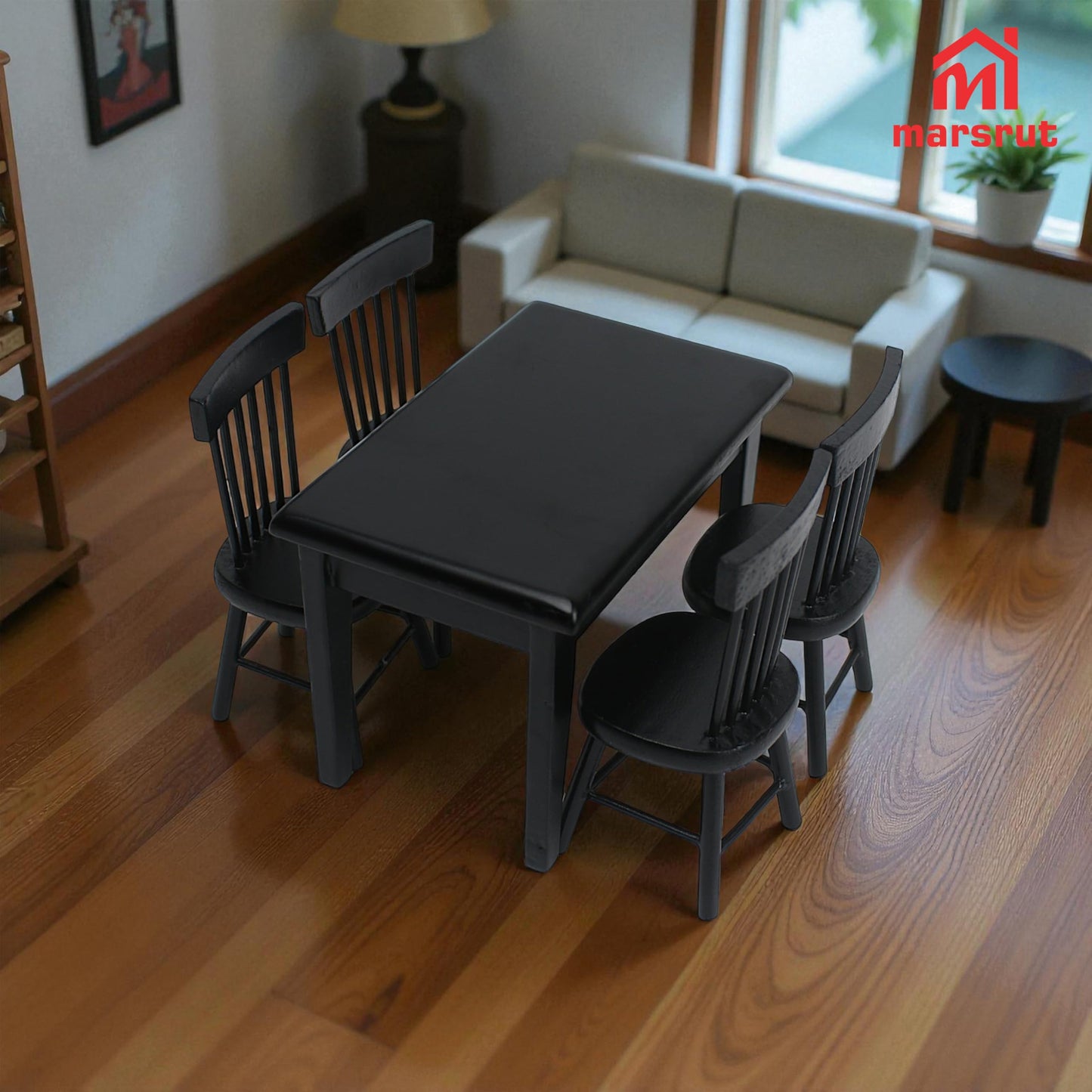 Miniature Dining Table and Chairs Set 5pcs – 1:12 Scale Dollhouse Room Furniture Kitchen Mini Wooden Chair Accessories, Model Accessory Decoration for Doll House DIY Hobby, Black