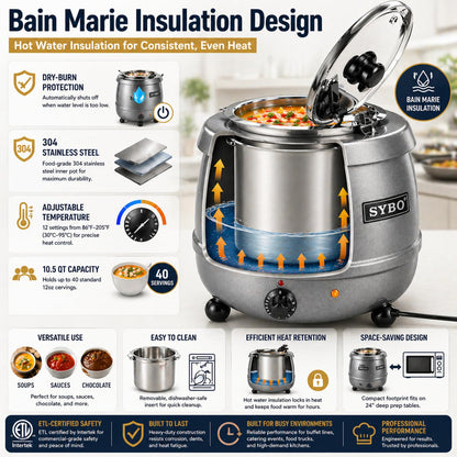 SYBO SB-6000-2G Commercial Grade Soup Kettle with Hinged Lid and Detachable Stainless Steel Insert Pot for Restaurant and Big Family, 10.5 Quarts, Silver