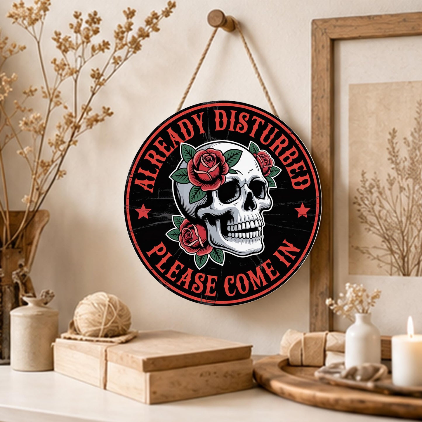 Gothic Welcome Sign Wall Decor, Skeleton Welcome Round Wood Hanging Sign Decorations, Funny Decor for Home Front Door