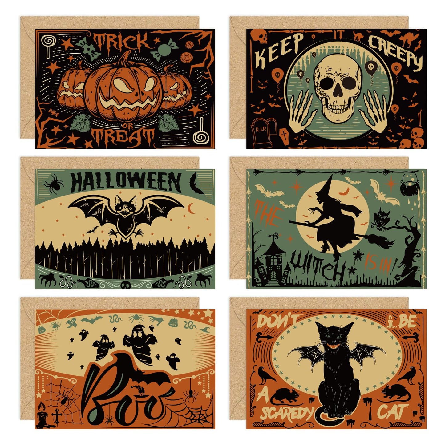 Whaline 36 Pack Halloween Greeting Cards with Envelopes Stickers Vintage Skull Black Cat Witch Blank Note Cards for Party Supplies, 6 Designs