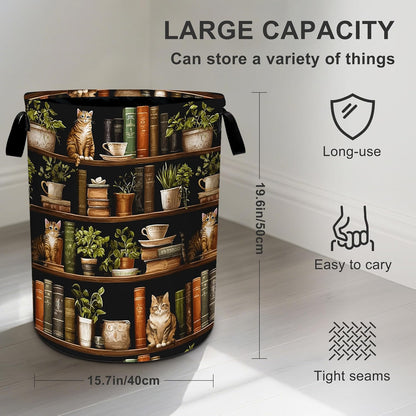 19.6x15.7 Inch Wooden Bookshelf Cat Laundry Basket Storage Bin Foldable Laundry Hamper Clothes Storage Bucket Organizer