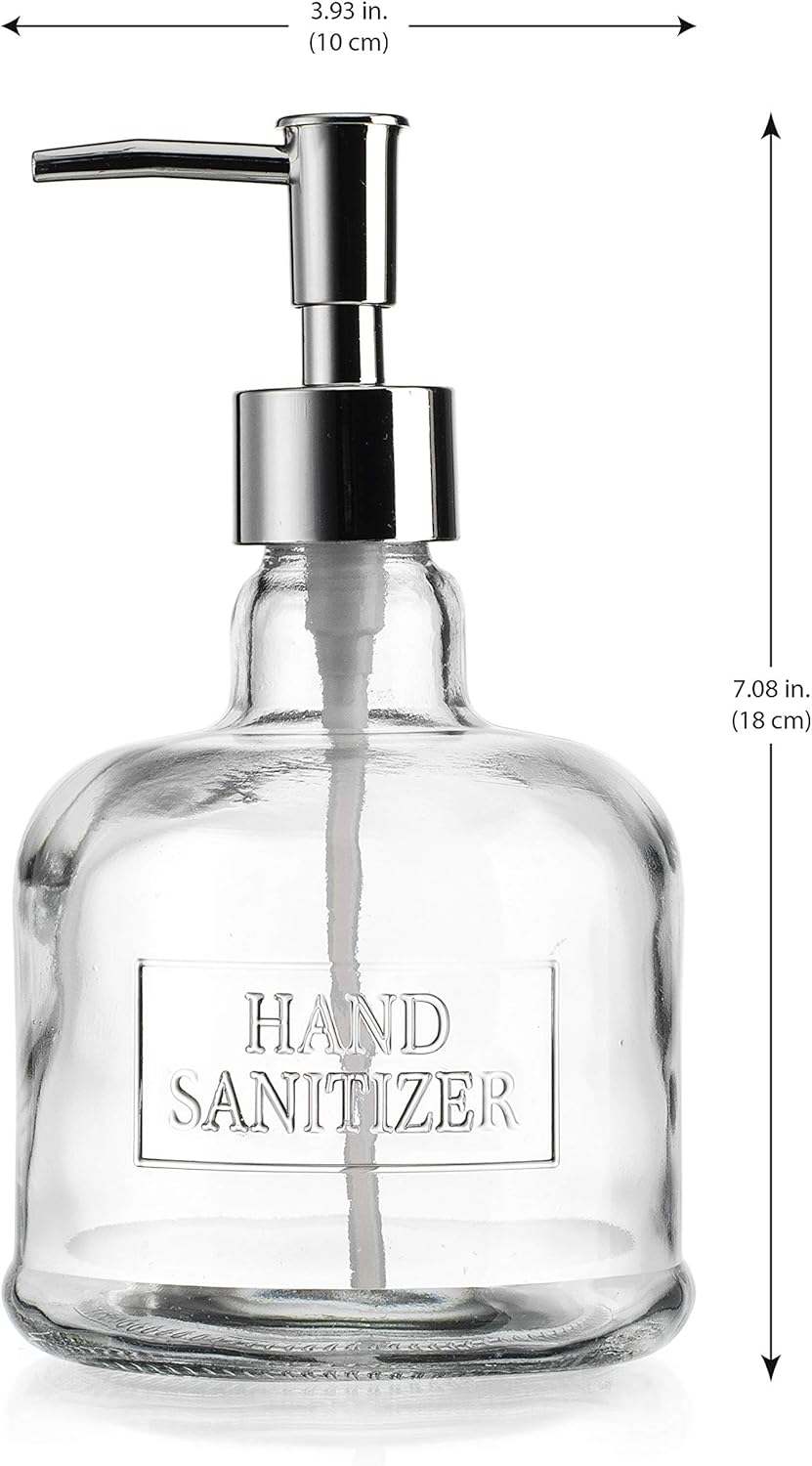 Elegant Home 18 Oz 7" Clear Embossed Glass Hand Sanitizer Dispenser Holder Bottle - Refillable Acrylic Pump for Soap,