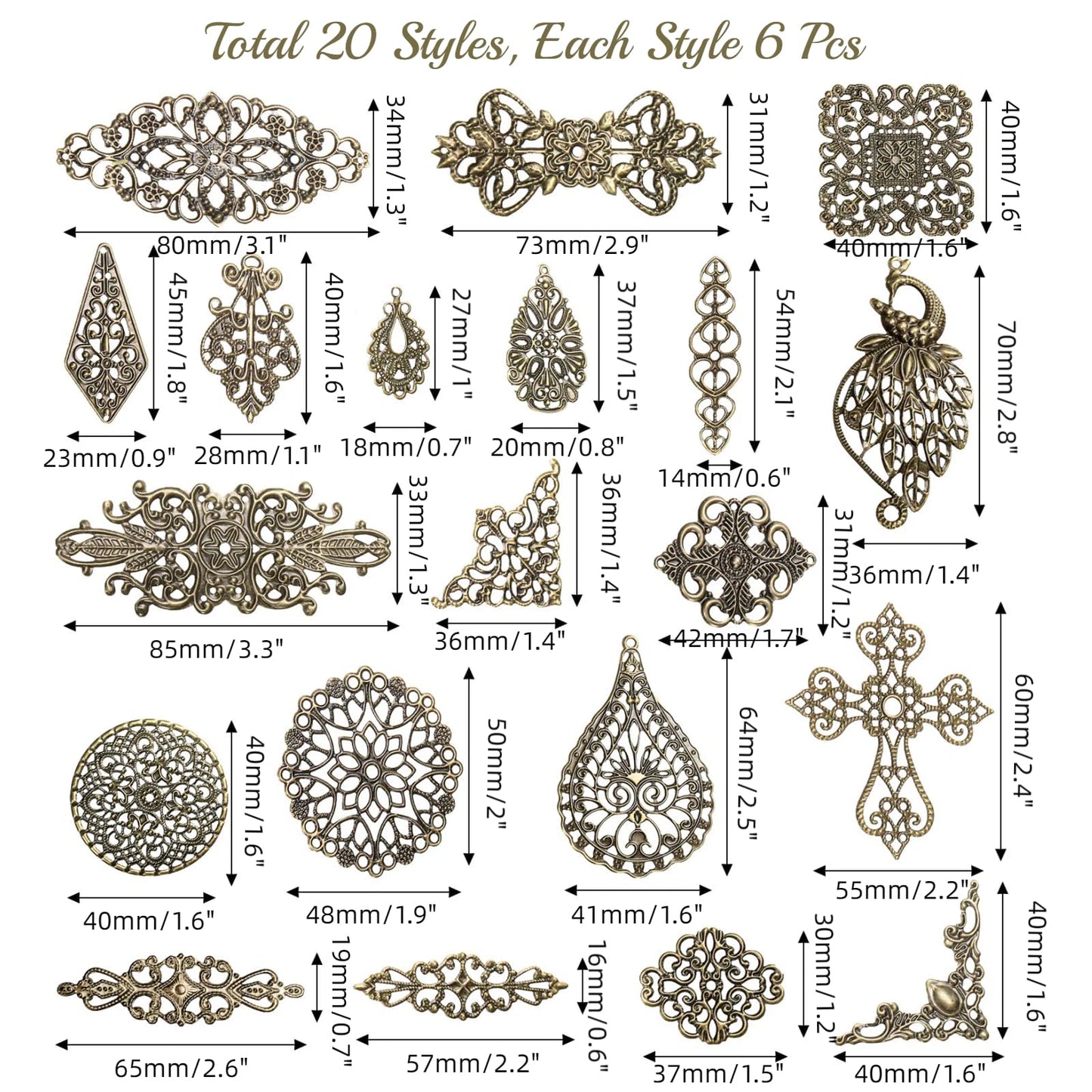 ZOOFOX 120 Pieces Filigree Connectors Charms, Mixed Vintage Earring Necklace Charms Collection, Filigree Metal Embellishments for DIY Jewelry Making, Antique Bronze