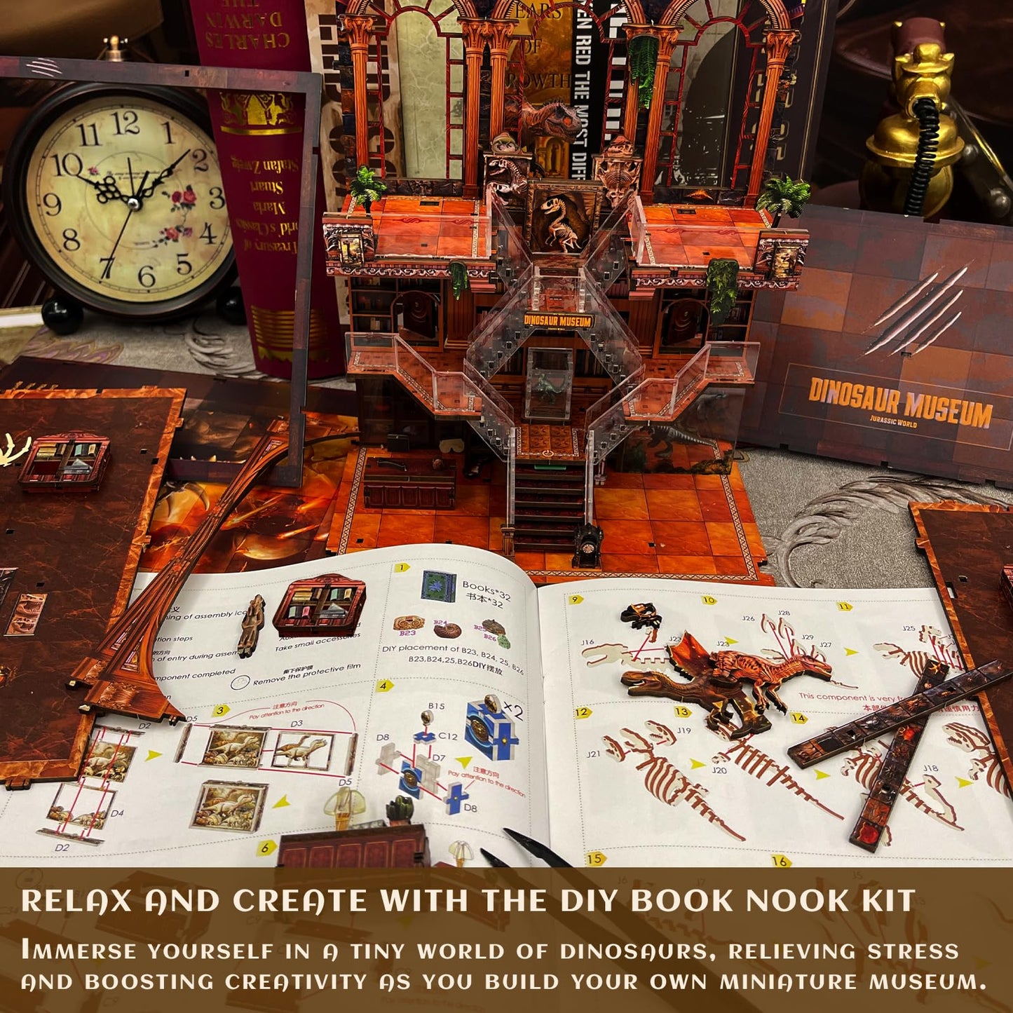 VORATHIS DIY Wooden Puzzle with Night Light, Miniature House Kits, Stunning Bookshelf Insert Decor, Ideal Gift for Holidays, Birthdays, and Home Library Decoration(Dinosaur Museum)