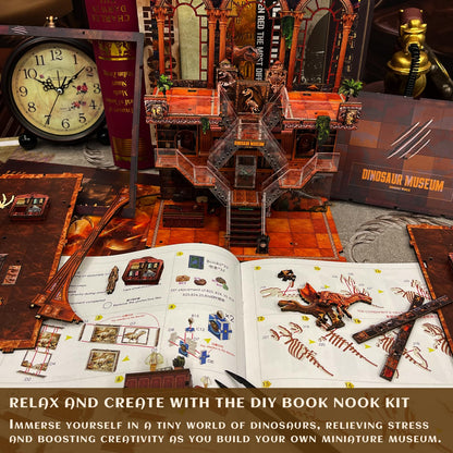 VORATHIS DIY Wooden Puzzle with Night Light, Miniature House Kits, Stunning Bookshelf Insert Decor, Ideal Gift for Holidays, Birthdays, and Home Library Decoration(Dinosaur Museum)