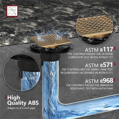 Uni-Green Champagne Bronze Shower Drain 4-1/4 Inch - Square Gold Shower Drain Kit with ABS Flange for 2" or 3" Pipe - Low Profile 304 Stainless Steel Shower Floor Drain Kit with Hair Carcher