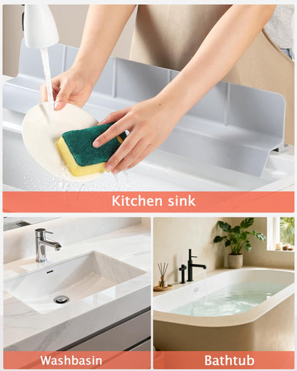 Akrelyan Kitchen Sink Splash Guard 18" 23" Self-Draining Silicone Water Guard with High Splash Wall & Strong Suction Cups for Faucet, Countertop & Sink Edge, Keeps Sinks Dry, Dishwasher Safe, Gray