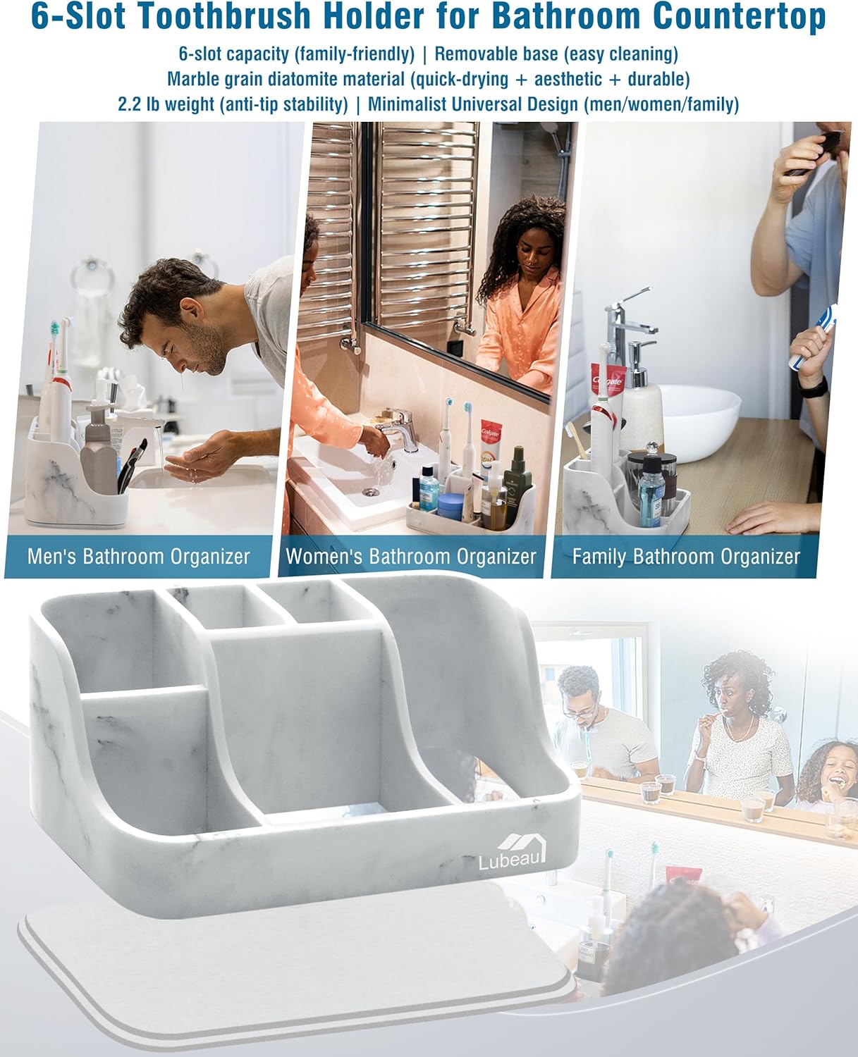6 Countertop Electric Toothbrush Holder with Instant-Dry & Slots | Upgrade Heavy-Duty Large Organizer with Cable Holes