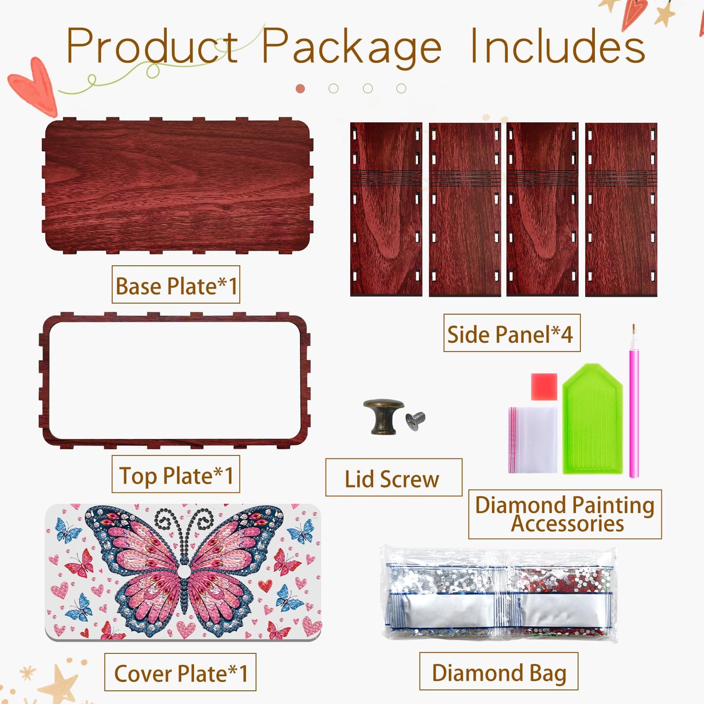 JBTM24 Diamond Art Painting Storage Box Kit, DIY Rectangular Wooden Decorative Container Holder with Lid, Snack Jewelry Gem Art Organizer Case for Adults (Butterfly)