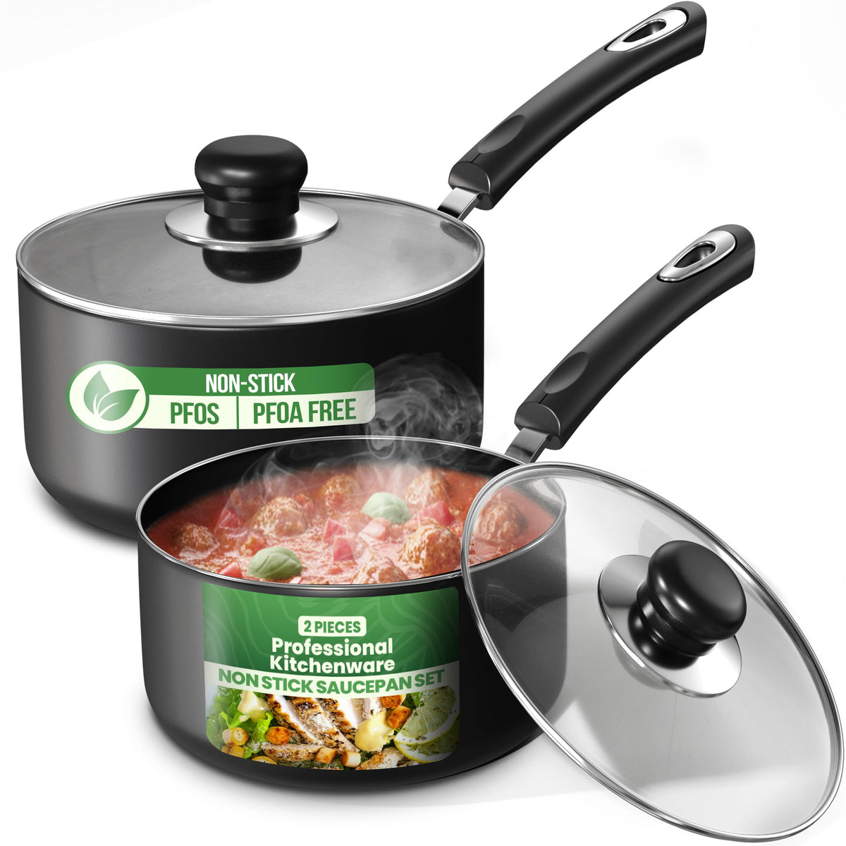 Utopia Kitchen Nonstick Saucepan Set, Cooking Pots with Lids, 1 Quart and 2 Quarts Multipurpose Kitchen Small Pots for Cooking Nonstick With Lids, 1 qt & 2 qt Set, Grey & Black