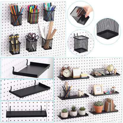 Tosstuki 12 Pack Pegboard Organizer Accessories - 6 Pegboard Cups Pencil Holder Peg Board - 6 Shelves Metal Shelf Brackets - Tools Storage Arrange System Kit for Office Garage Room