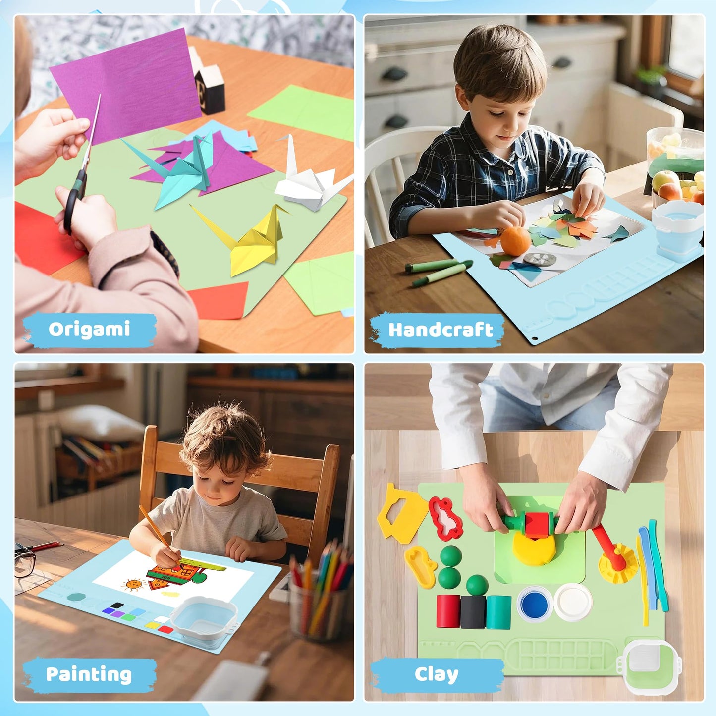 MEKOTRIN 2PCS Silicone Painting Mat, 20"X16" Art Mat with Cup and Palettes, Silicone Craft Mat has 16 Color Dividers, Paint Mat for Artist Clay DIY Creations(Blue+Green)