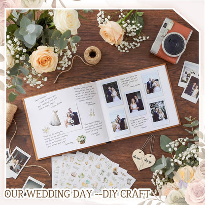 Resurhang Rustic Wooden Wedding Guest Book Memory Book for Wedding Wooden Cover Photo Scrapbook Rustic Keepsake Guestbook with Stickers for Reception Anniversary Bridal Shower Engagement Supplies
