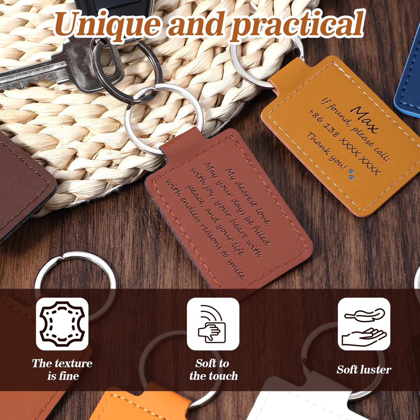 50 Pcs Blank Leather Keychains Bulk, Leather Blanks for Laser Engraving, Rectangular DIY Key Fob Kit with Metal Rings for Stamping Crafts, Personalized Gifts for Men Women