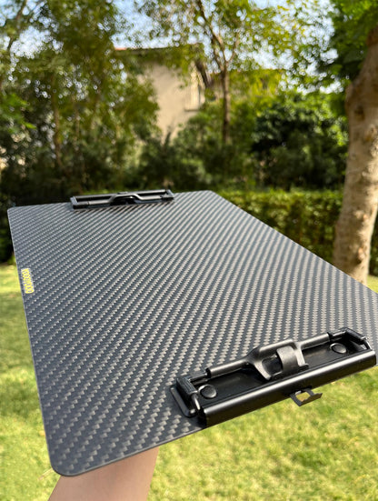 9.4"W x 12.6"L x 0.06"T Hard Lightweight Portable Carbon Fiber Clipboard with 2 Strong Black Low Profile Clips, Hook & Pen Holder, Letter/A4 Size Drawing Board, Waterproof & Sun Resistant, 3K Twill
