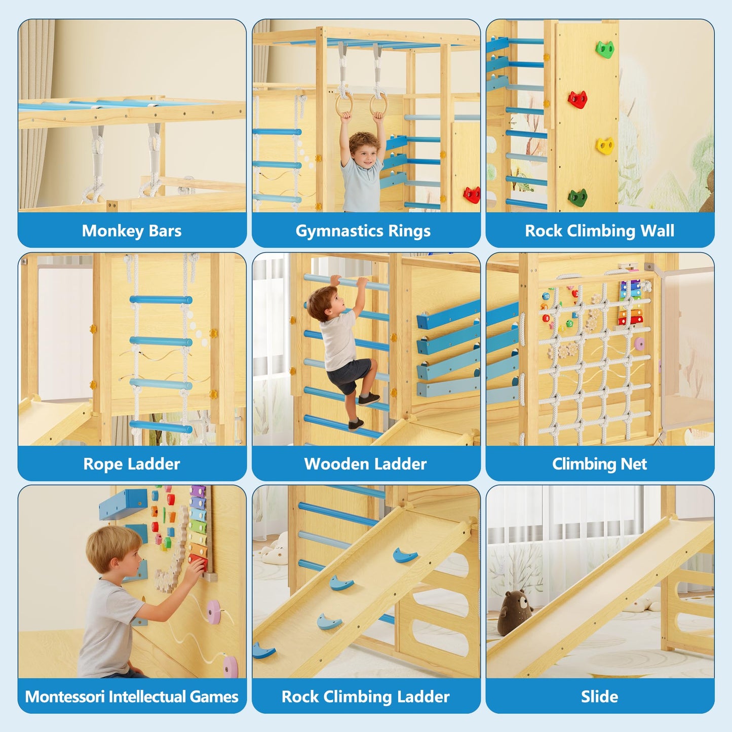 Jungle Gym with Slide, Rock Wall, Wood ＆ Rope Ladder, Monkey Bars, Gym Rings