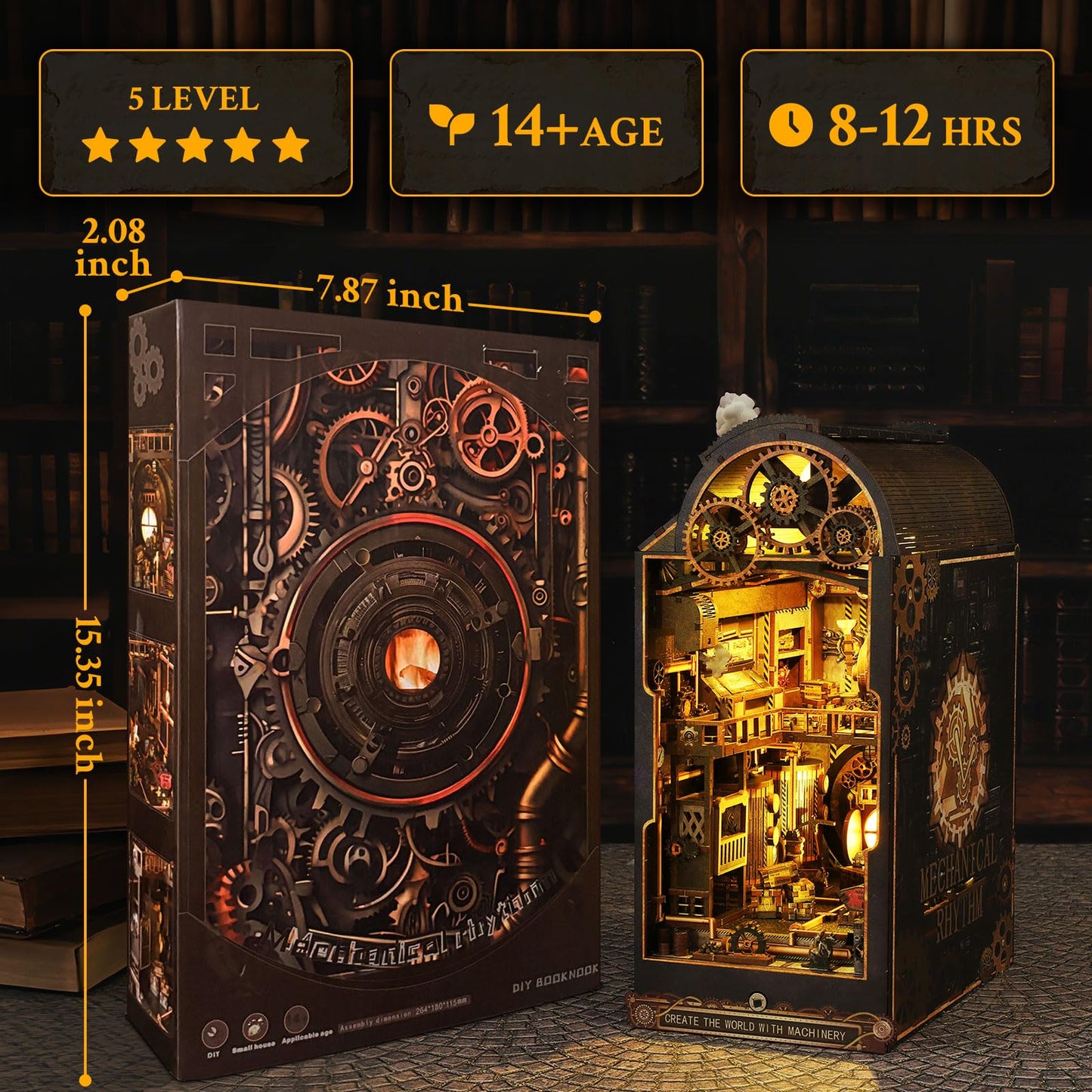 Book Nook, DIY Miniature House Kit, 3D Puzzle Wooden, LED Lights, Decor Crafts for Adults Teen Gifts(Steampunk Industria)