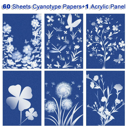 Sun Print Paper Kit Cyanotype Paper, 60 Sheets Cyanotype Papers with 1 Sheet Acrylic Panel, High Sensitive Nature Solar Activated Printing Art Supplies for Arts Crafts DIY Project