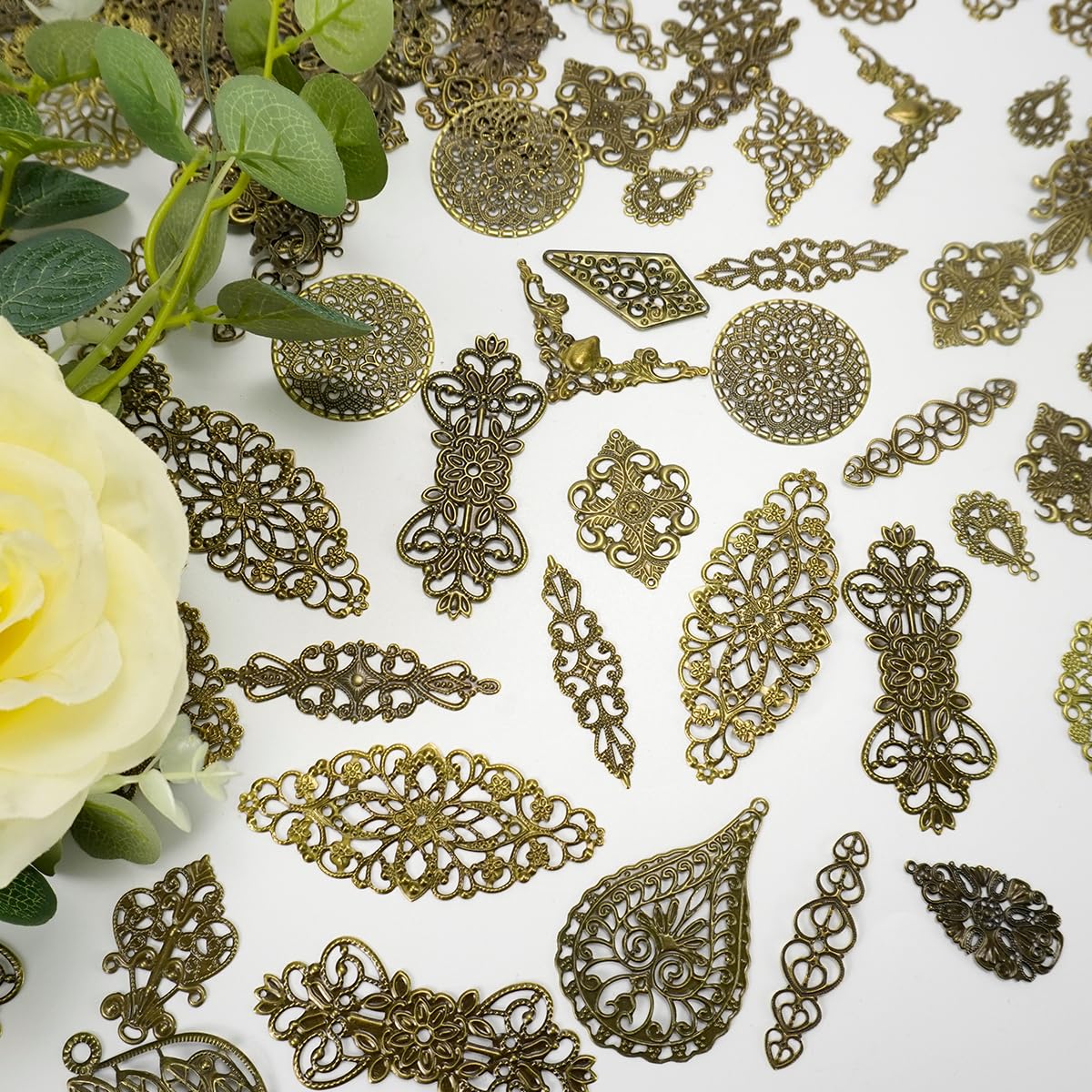 Mililanyo 120 Pieces Antique Bronze Filigree Charms Mixed Tibetan Metal Pendant Links Iron On for Jewelry Making Choker Earring DIY Accessories