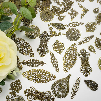 Mililanyo 120 Pieces Antique Bronze Filigree Charms Mixed Tibetan Metal Pendant Links Iron On for Jewelry Making Choker Earring DIY Accessories