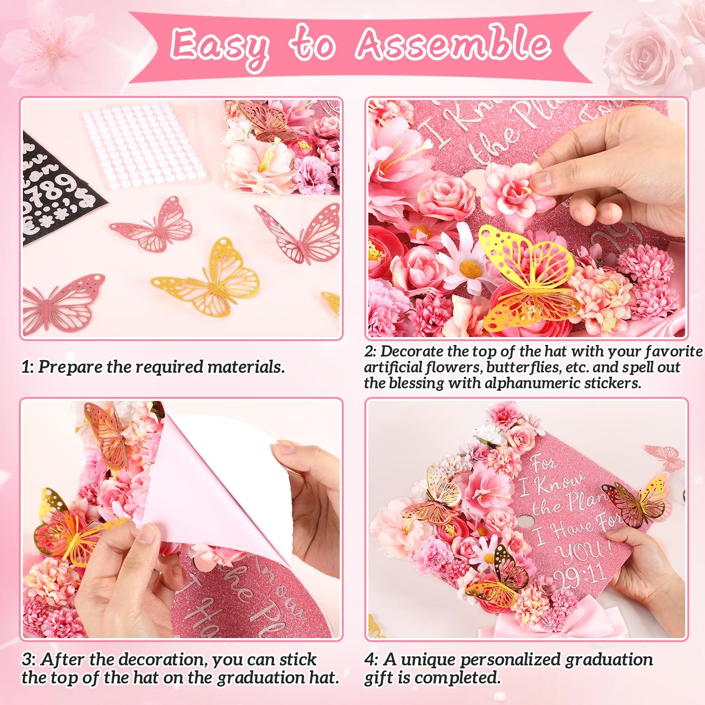 Naozinebi 55 Pcs Pink DIY Graduation Cap Decorations Faux Assorted Flowers Pink Bows 3D Butterfly Stickers Glitter Alphabet Letter Number Decals for DIY Hat Grad Cap Topper Graduation Party Supplies
