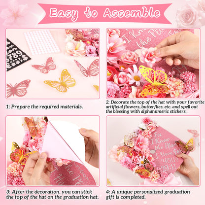 Naozinebi 55 Pcs Pink DIY Graduation Cap Decorations Faux Assorted Flowers Pink Bows 3D Butterfly Stickers Glitter Alphabet Letter Number Decals for DIY Hat Grad Cap Topper Graduation Party Supplies