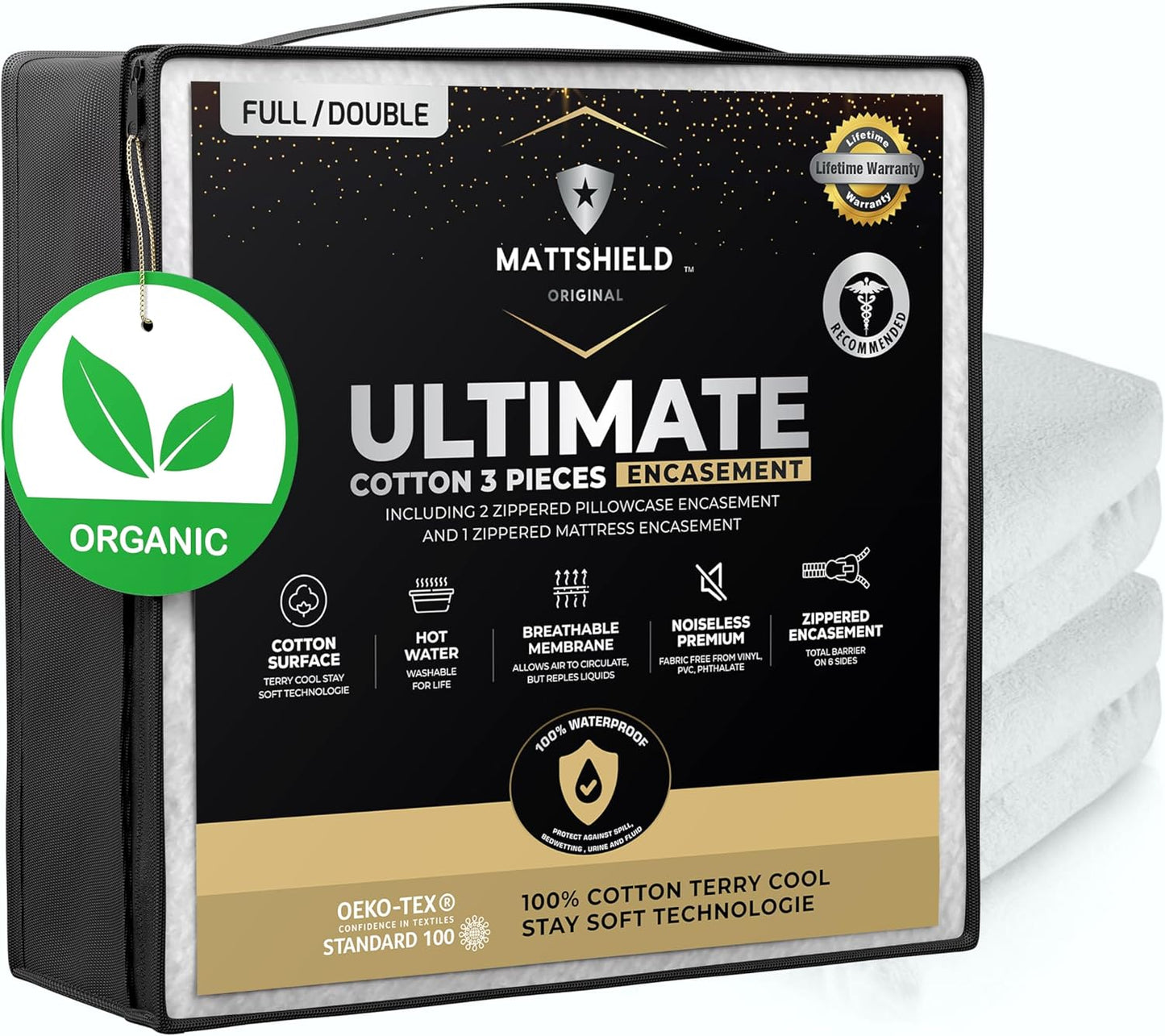 3-Piece 2 6-Sided MATTSHIELD Ultimate Sensitive Skin Kit Full Size Bed Bug Mattress Protector + Zippered Pillow Covers