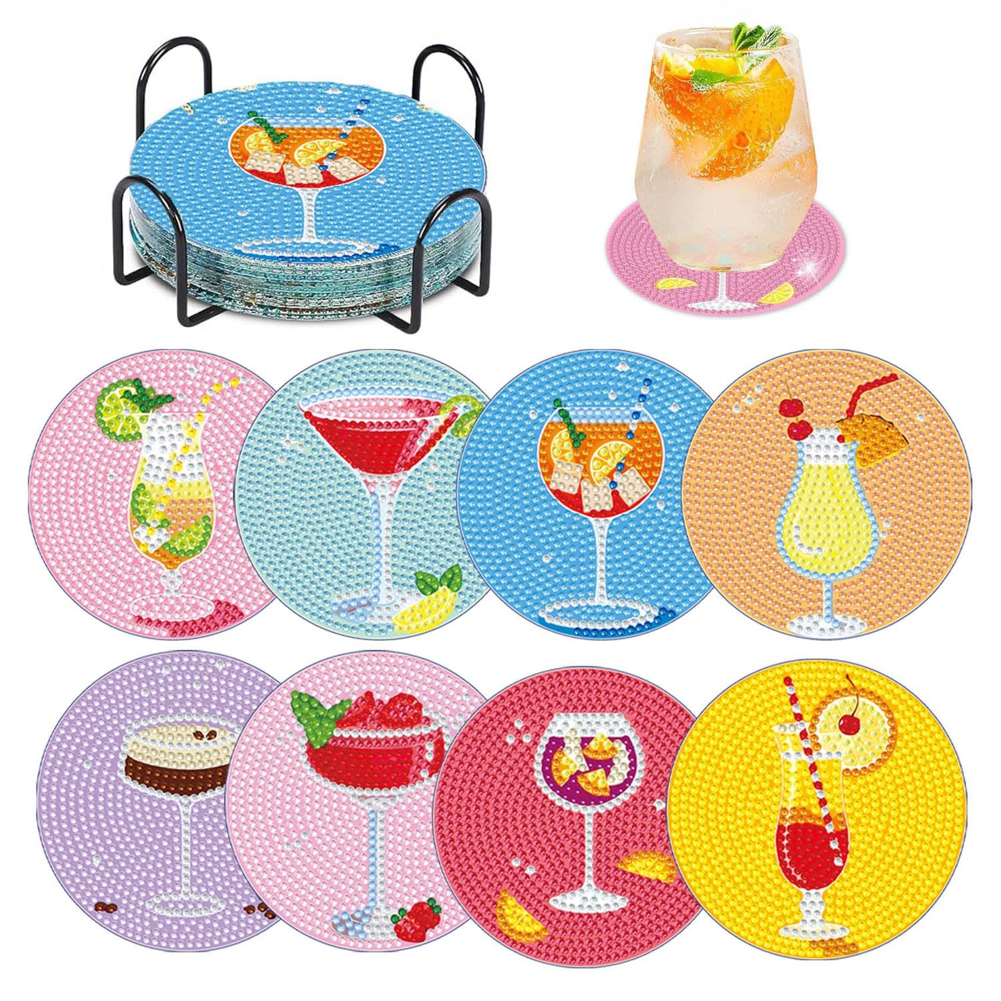 8 PCS Cocktail Diamond Art Coasters Kits, Diamond Painting Coasters with Holder Set of 8, DIY Drink Coasters Art Crafts Supplies for Adults Cup Mat for Home Decor House Warming Gifts Non-Slip 3.9inch