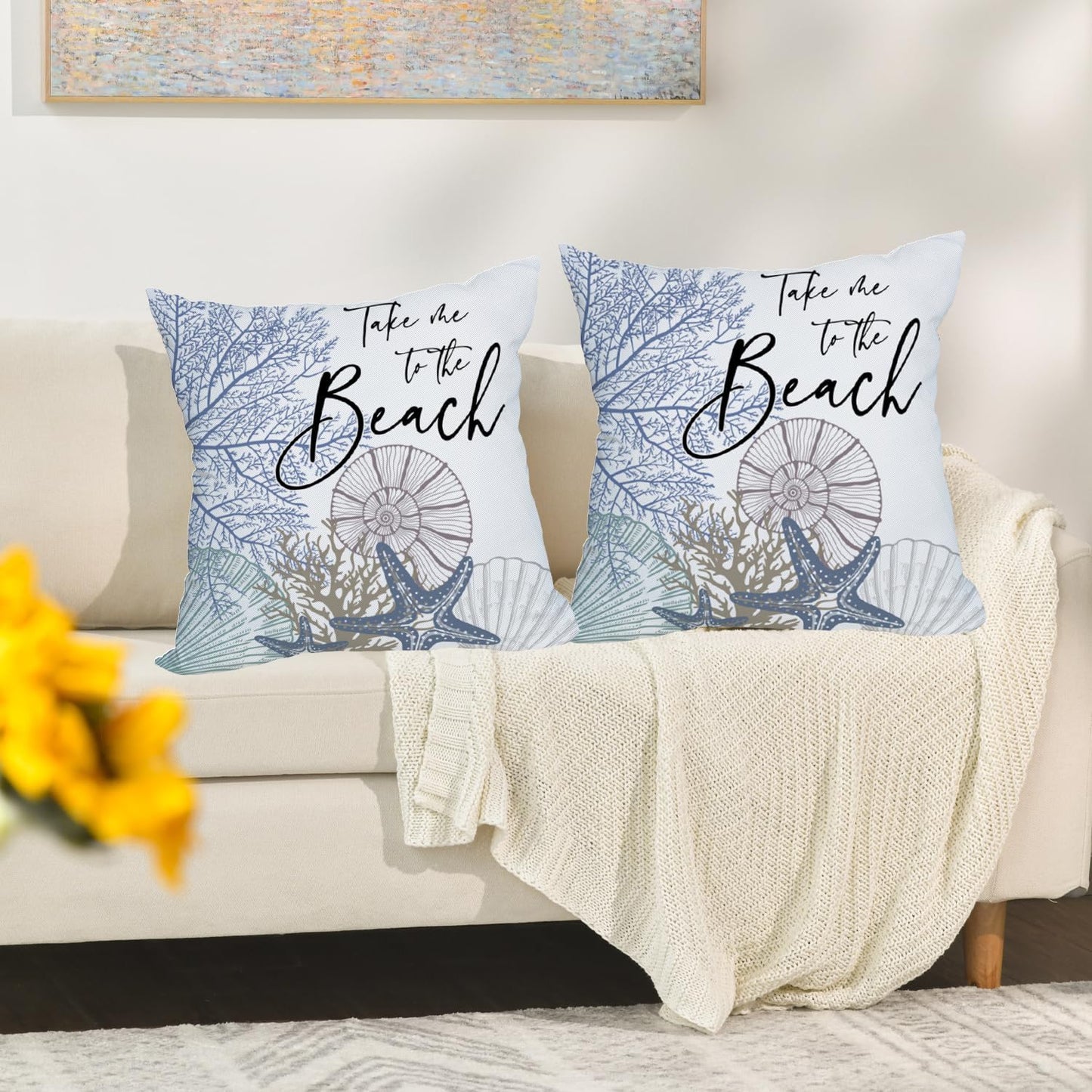 2 Pack Waterproof Take Me to The Beach Summer Pillow Covers 18x18 Inch, Blue Ocean Sea Shell Coral Conch Starfish Throw