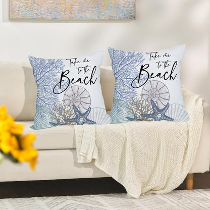 2 Pack Waterproof Take Me to The Beach Summer Pillow Covers 18x18 Inch, Blue Ocean Sea Shell Coral Conch Starfish Throw