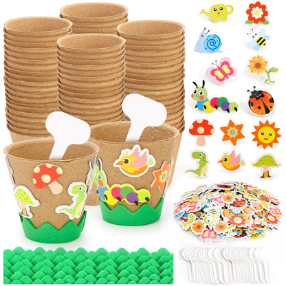Ayfjovs 80 Pack Garden Paper Pot Craft Kit, Kids Flower Plant Growing Kit with 300 PCS Adhesive Foam Stickers and 80 PCS Plant Pots Labels for Classroom DIY Planting, Kids Summer Craft, Father's Day