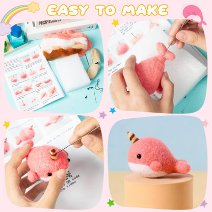 WATINC Set of 4 Cute Animal Needle Felting Starter Kit Frog Chick Bee Narwhal Animal Doll Wool Felting Tools Felt Needles Foam Mat DIY Needlework Craft Party Supplies for Beginners Adults